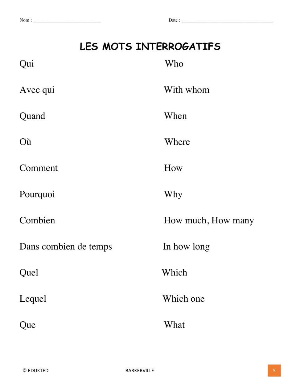 French question-word reference lists qui (who), quand (when), où (where), comment (how), and seven more