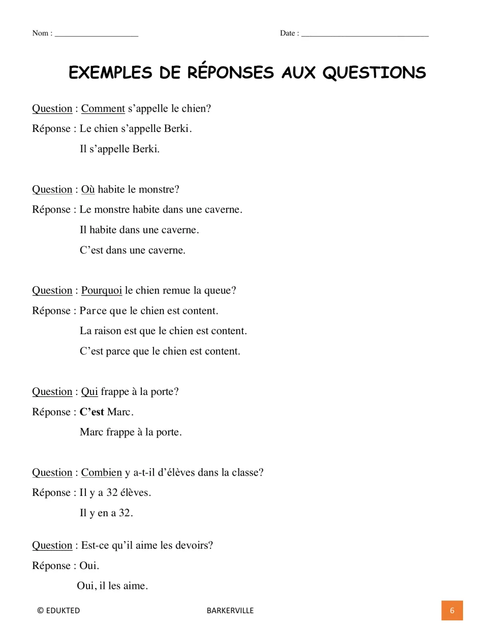 French response guide models answers to six questions about a dog, a monster, a visitor, students, and homework