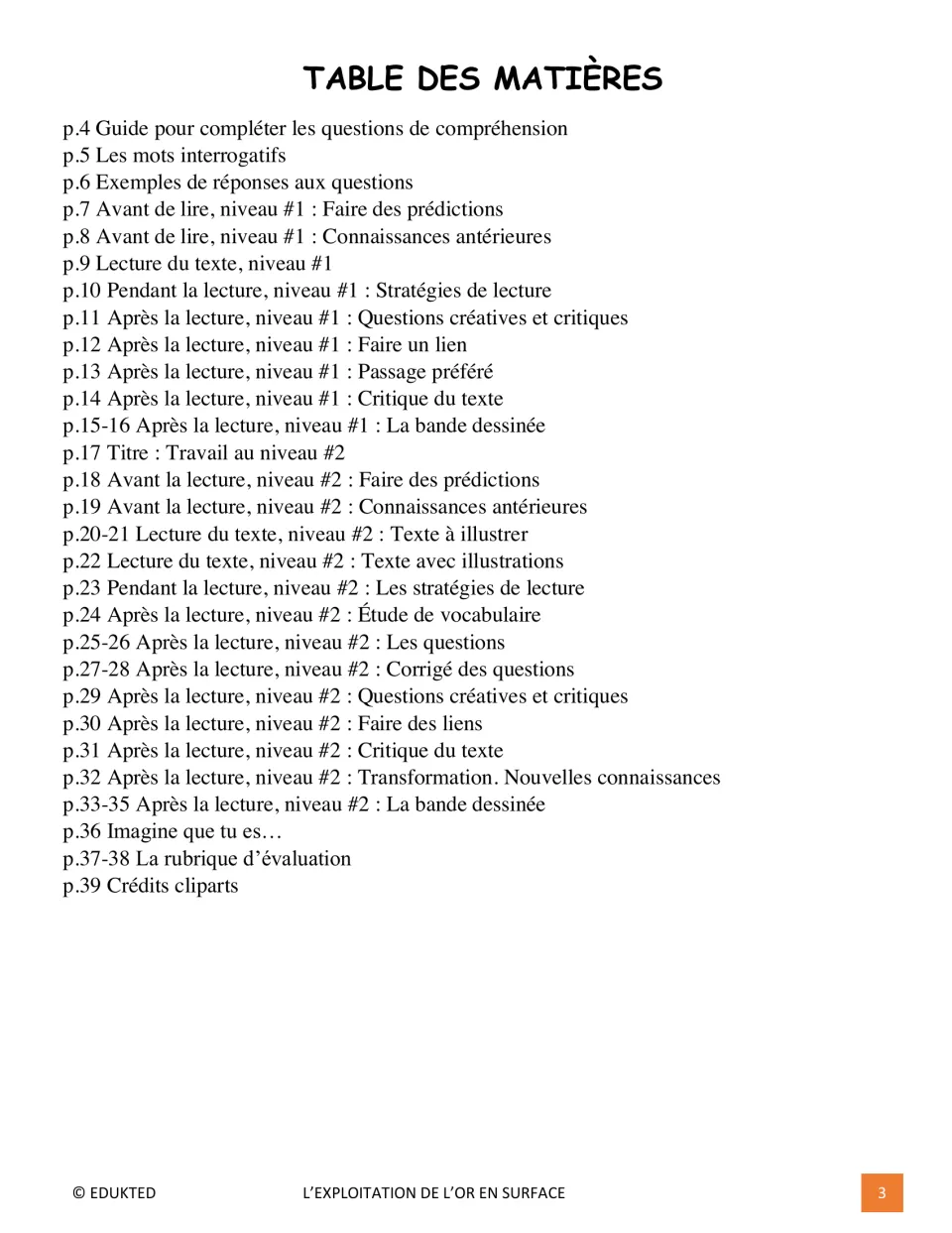 Reading packet contents list two levels of passages and activities, question answers, rubrics, and credits