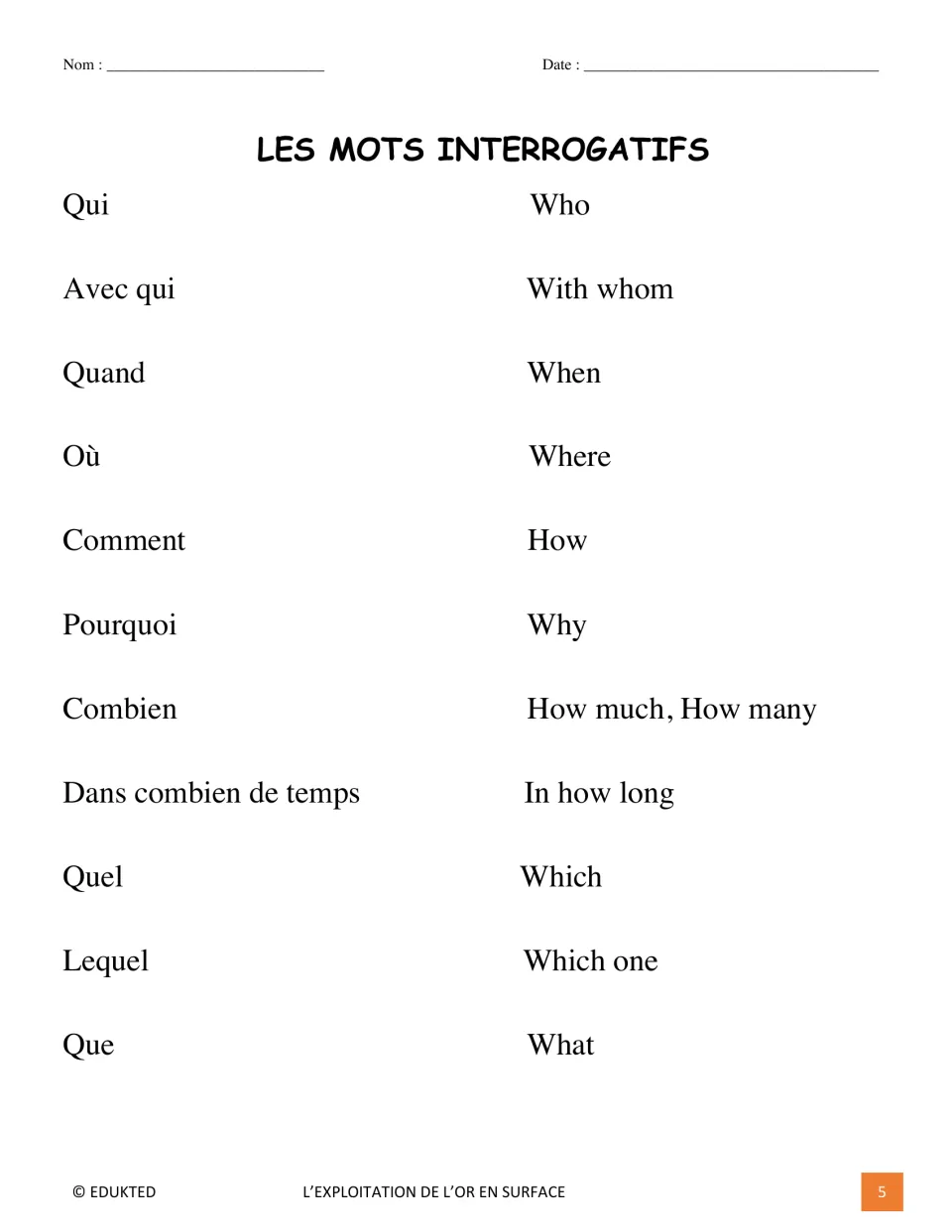 French question-word reference lists qui (who), quand (when), où (where), comment (how), and seven more