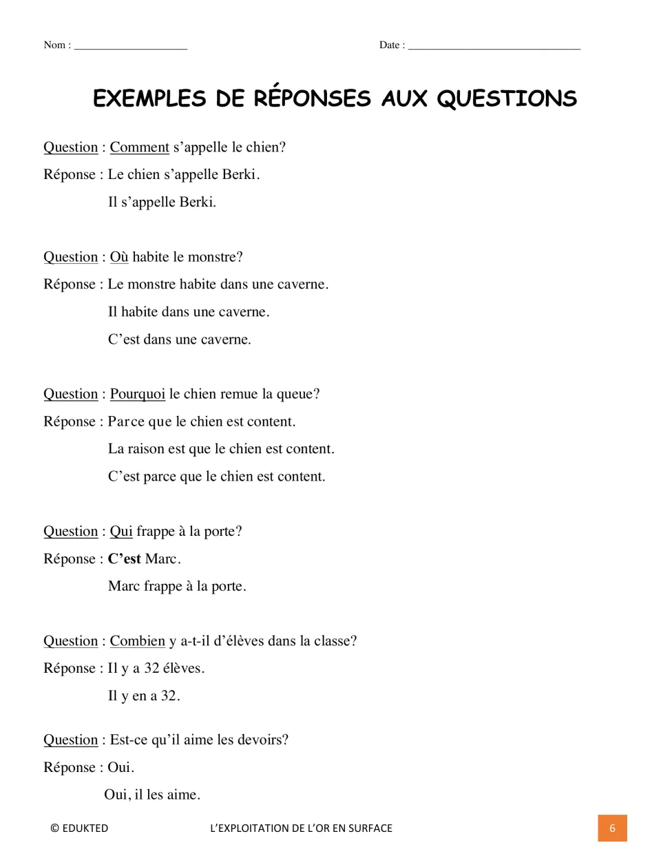 French response models show how to answer six questions about a dog, a monster, Marc, students, and homework
