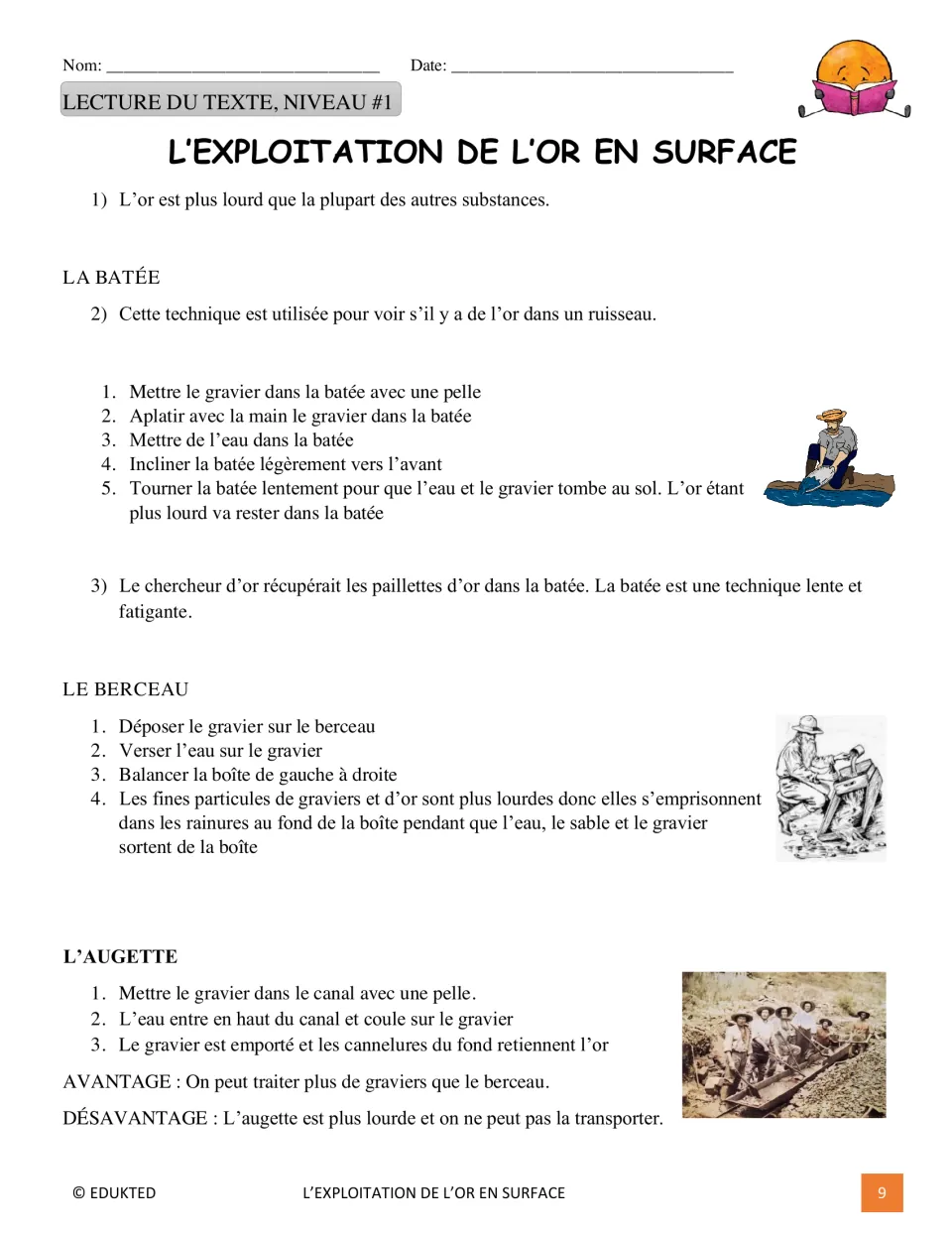Level 1 French reading passage explains gold panning, rocker boxes, and sluices through step-by-step procedures