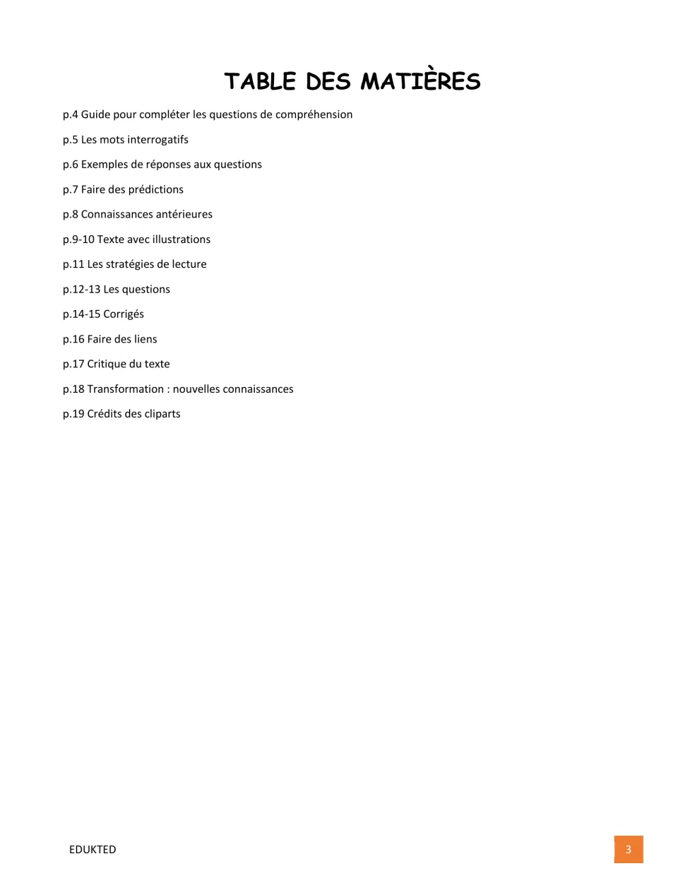 Reading packet contents list guides, illustrated text on pages 9–10, questions, answer keys, and reflection tasks