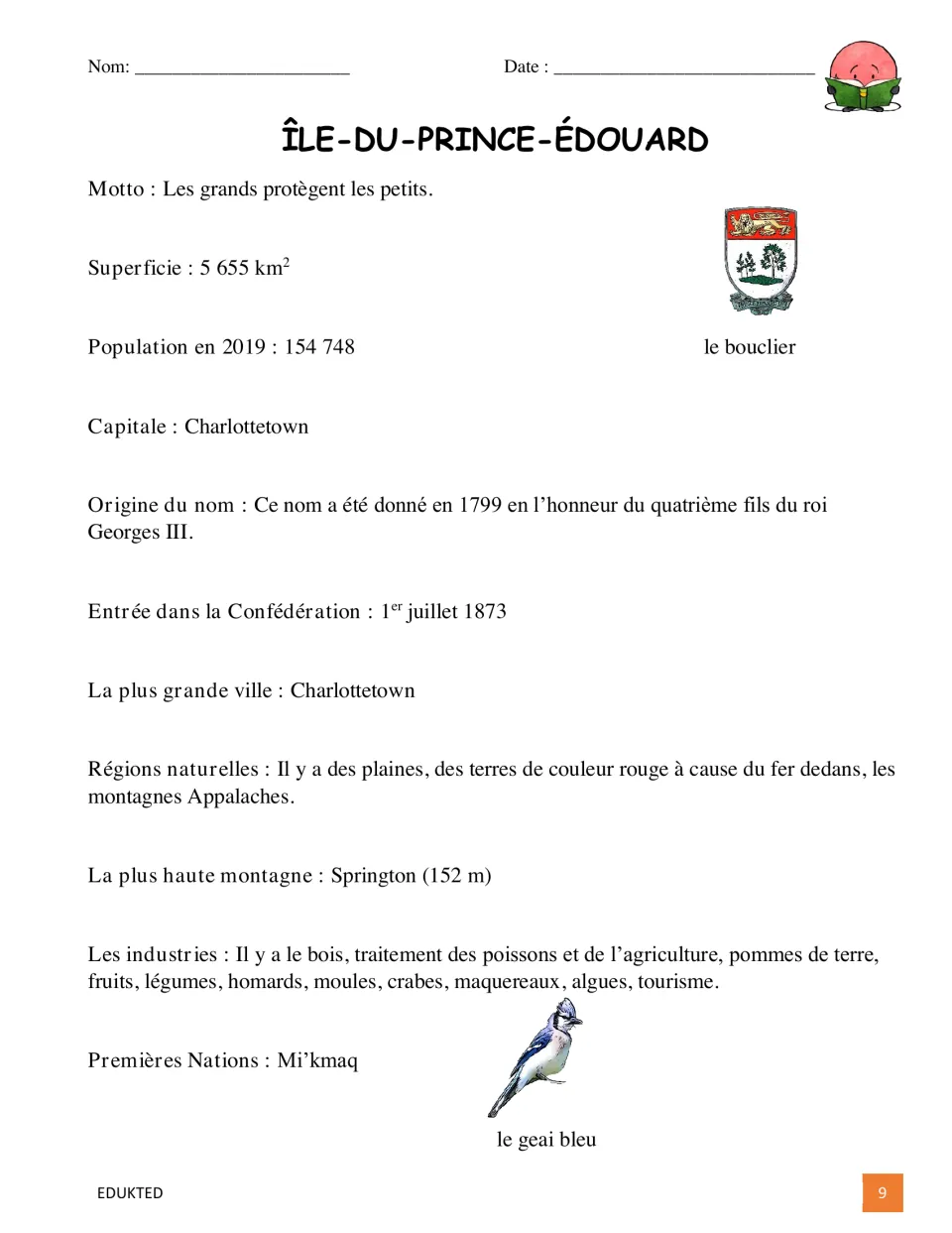 French reading text introduces Prince Edward Island through its capital, 2019 population, geography, and industries