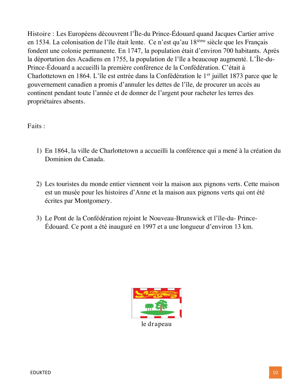 French reading text continues with island history, the 1864 conference, Green Gables, and Confederation Bridge