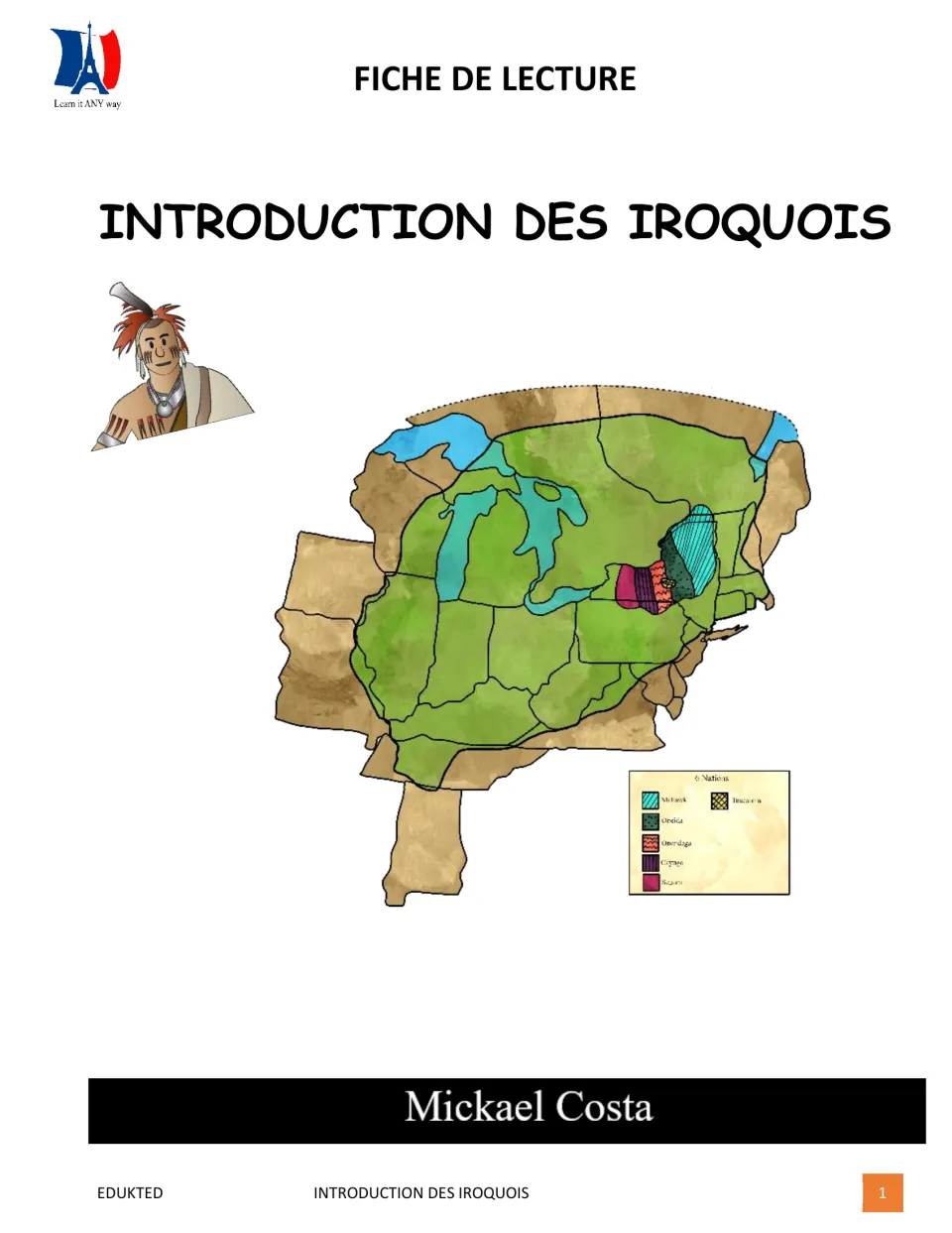 Cover of Introduction des Iroquois, a French reading packet by Mickael Costa, with a map of six nations