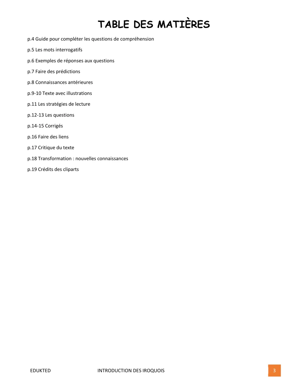 Contents of the French reading packet list guides, illustrated text, questions, answers, and reflections