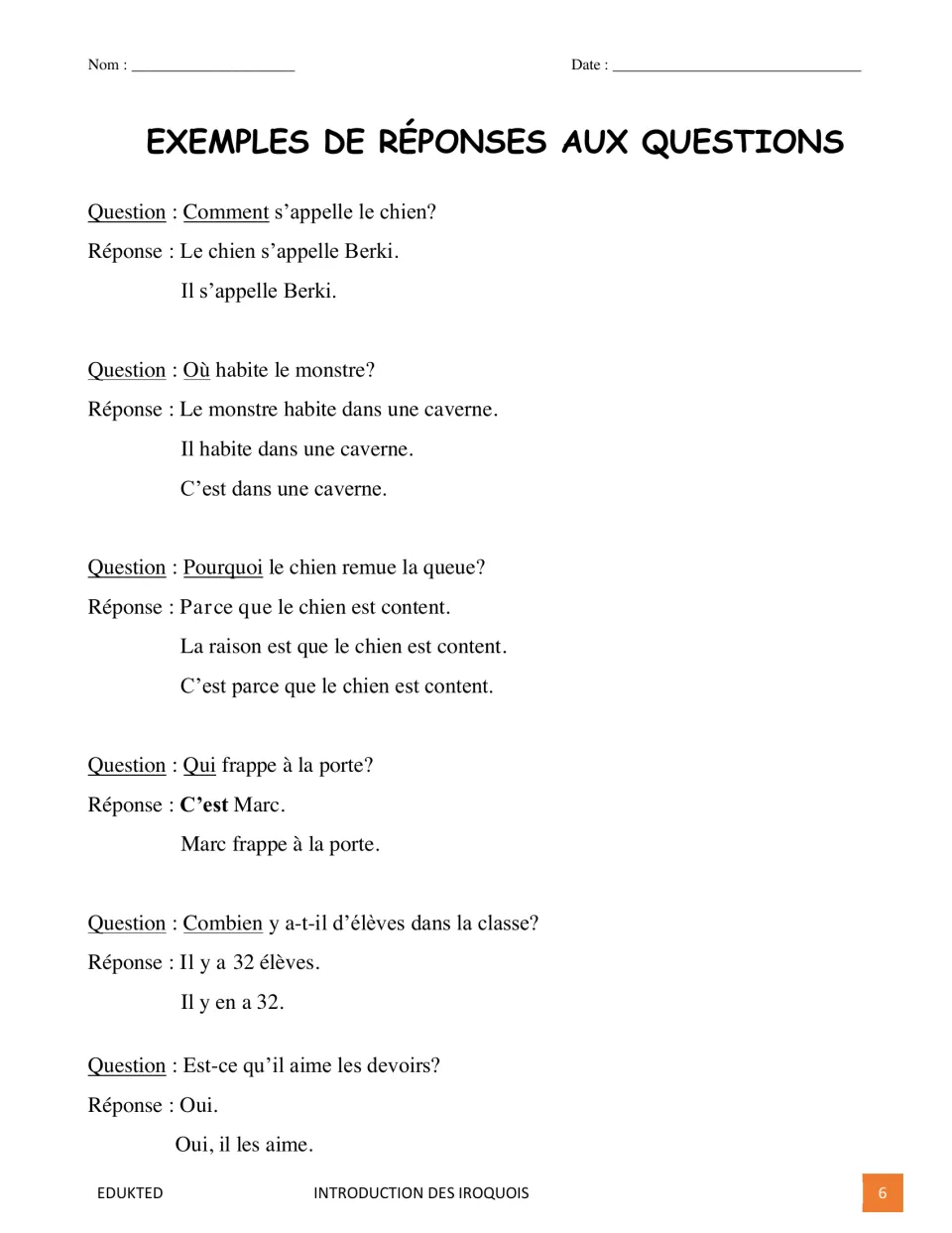 French response guide models answers to six questions about a dog, a monster, a visitor, students, and homework