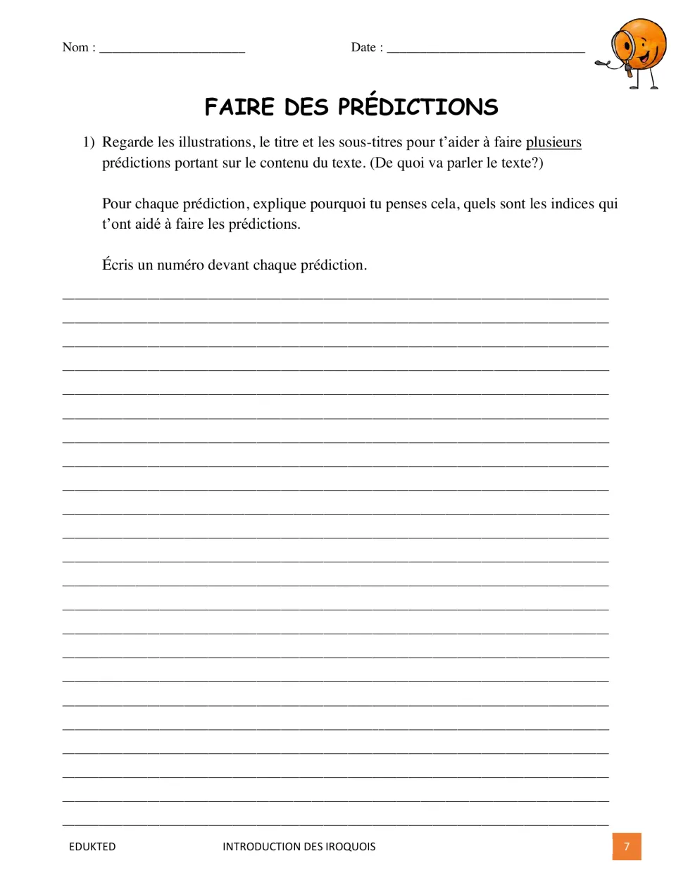 Prereading prediction task asks students to use illustrations and titles, explain clues, and number predictions