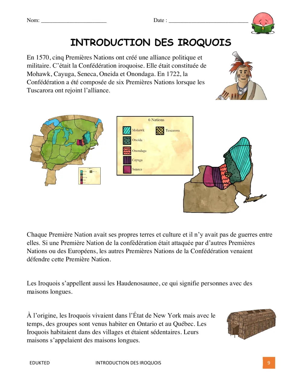 First passage page introduces the Iroquois Confederacy, its six nations, mutual defense, and longhouse villages