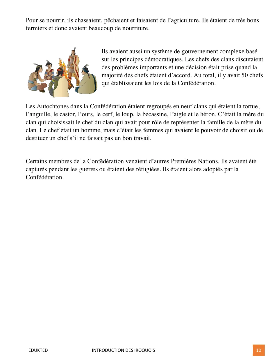 Second passage page covers Iroquois food sources, government, nine clans, clan mothers, and adopted members