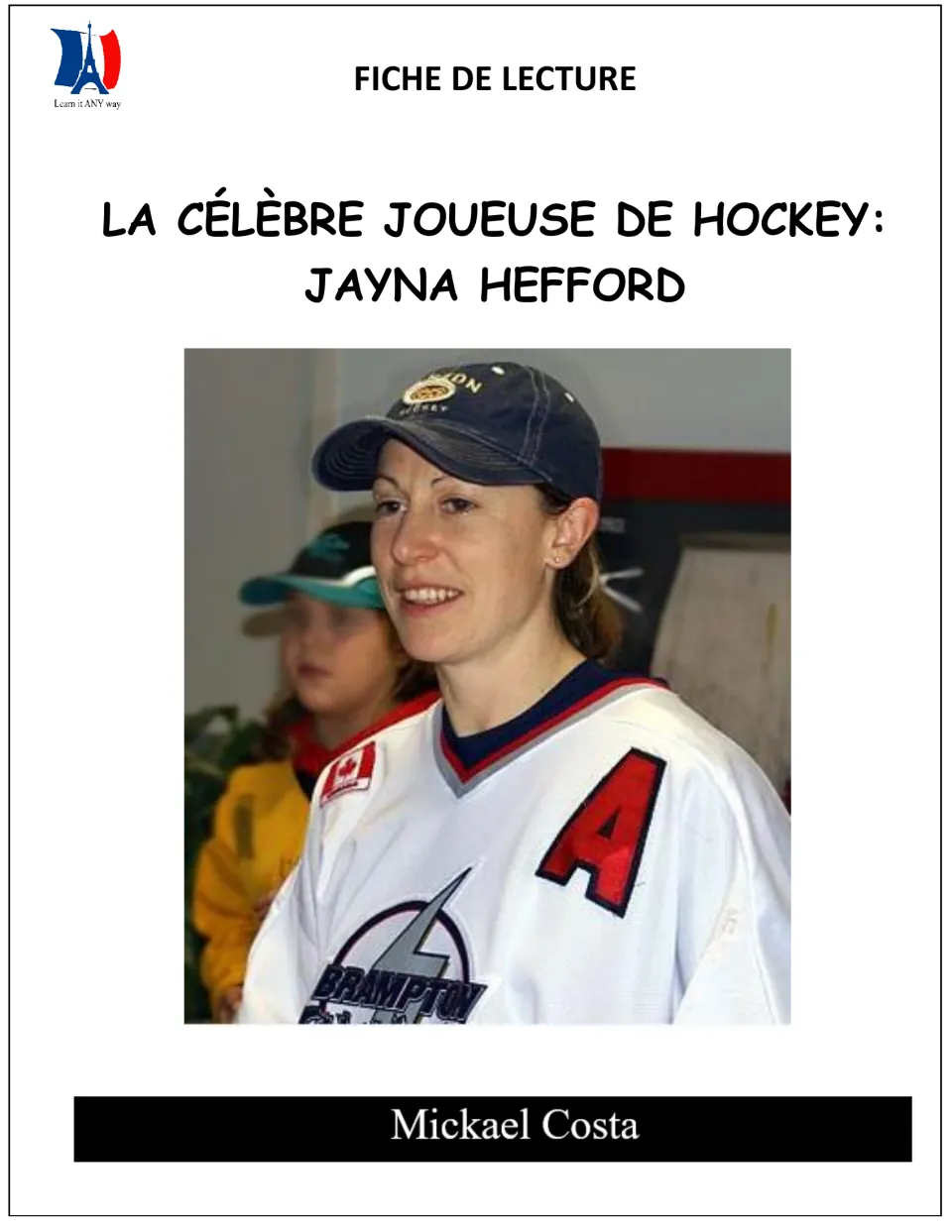 French reading packet cover introducing hockey player Jayna Hefford, with her portrait and author Mickael Costa