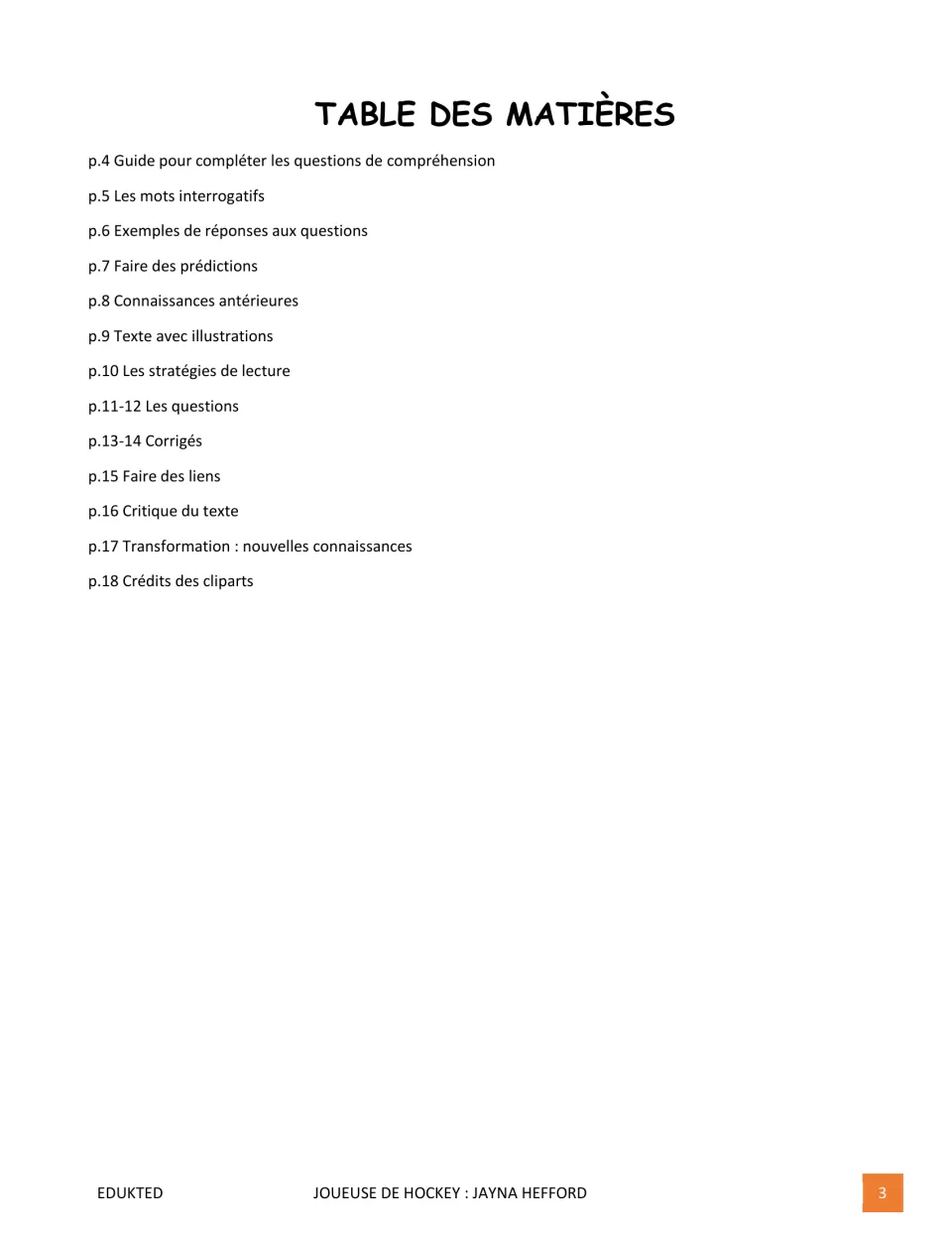 Reading packet contents list guides, predictions, biography, questions, answer keys, and reflection activities