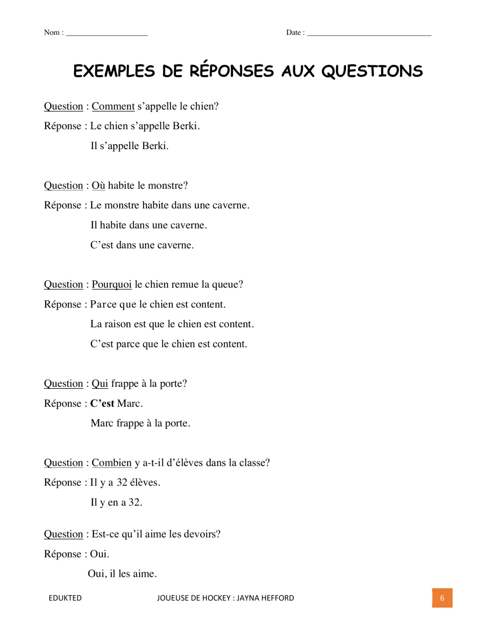 French response guide models answers to six questions about a dog, a monster, a visitor, students, and homework