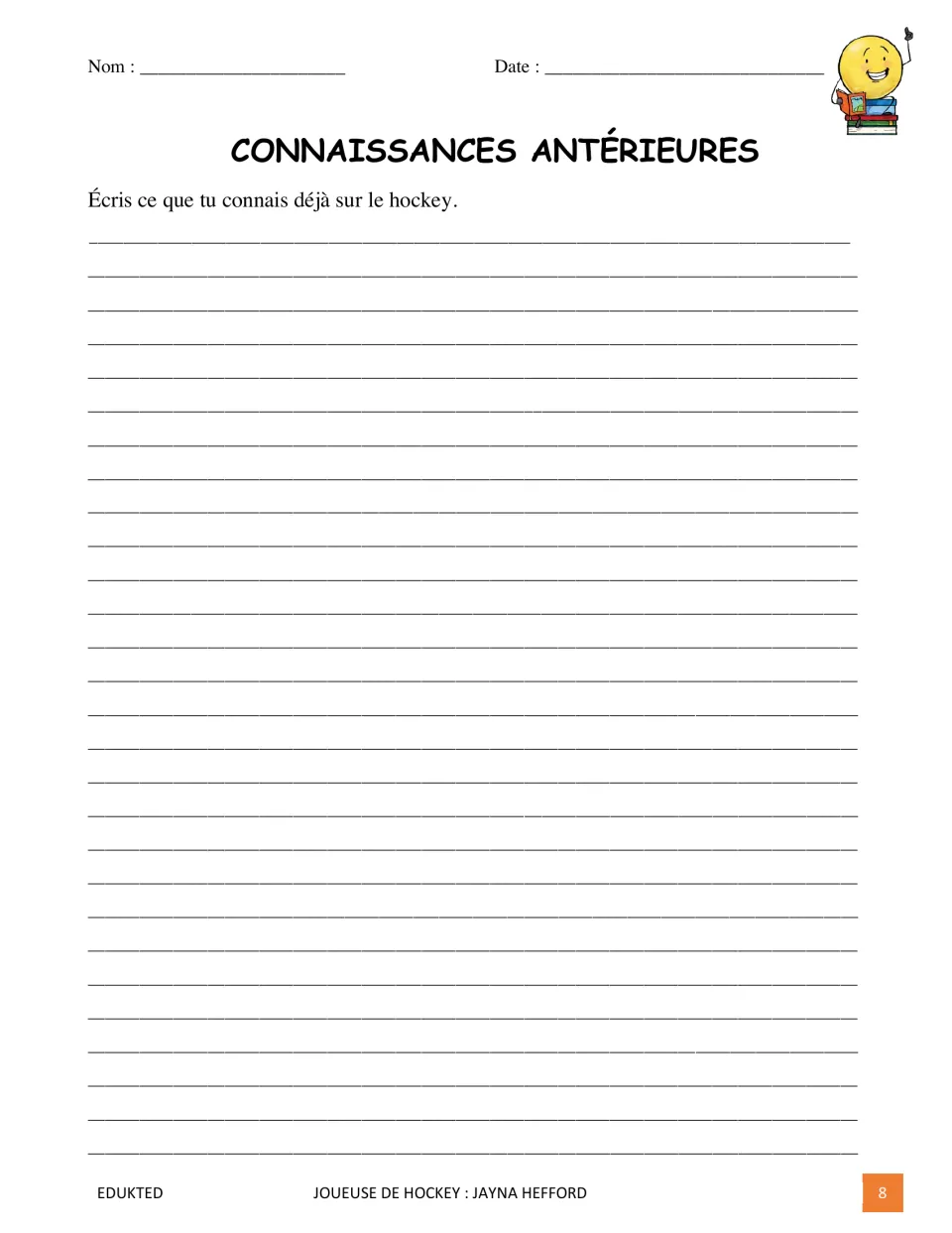 Prior-knowledge activity in the French reading packet asks students to write what they already know about hockey