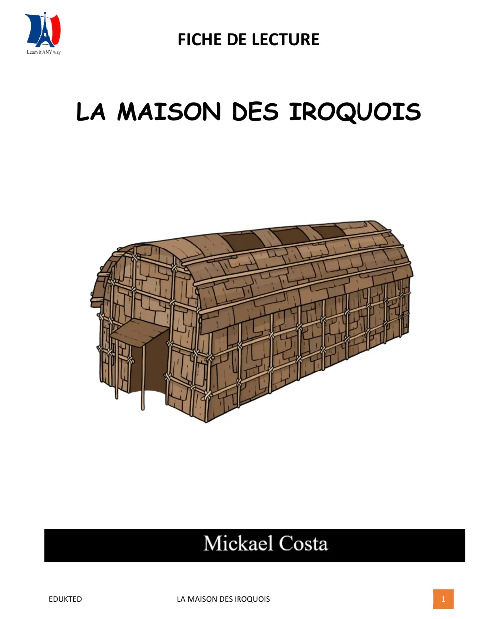 Reading packet cover titled 'La maison des Iroquois' (The Iroquois House), with a longhouse illustration