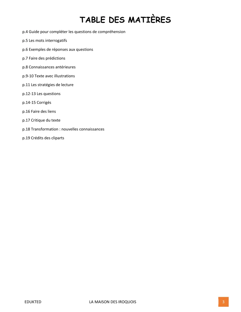 Reading packet contents list preparation, illustrated text, questions, answer keys, and reflection pages