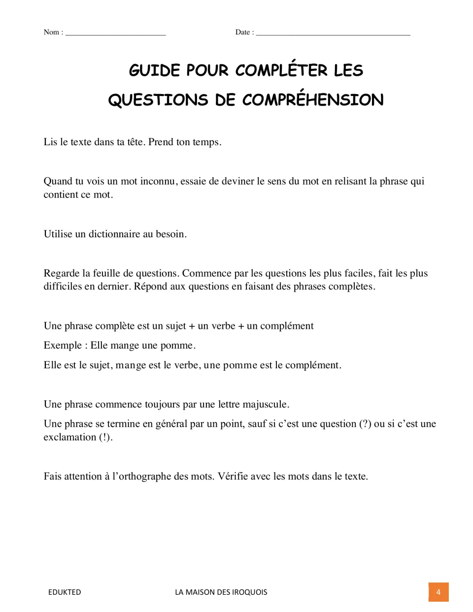 Comprehension guide explains rereading, using a dictionary, and answering in complete French sentences
