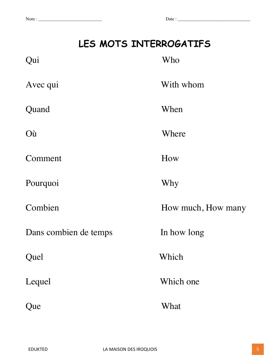 French question-word reference lists qui (who), quand (when), où (where), and eight more English meanings