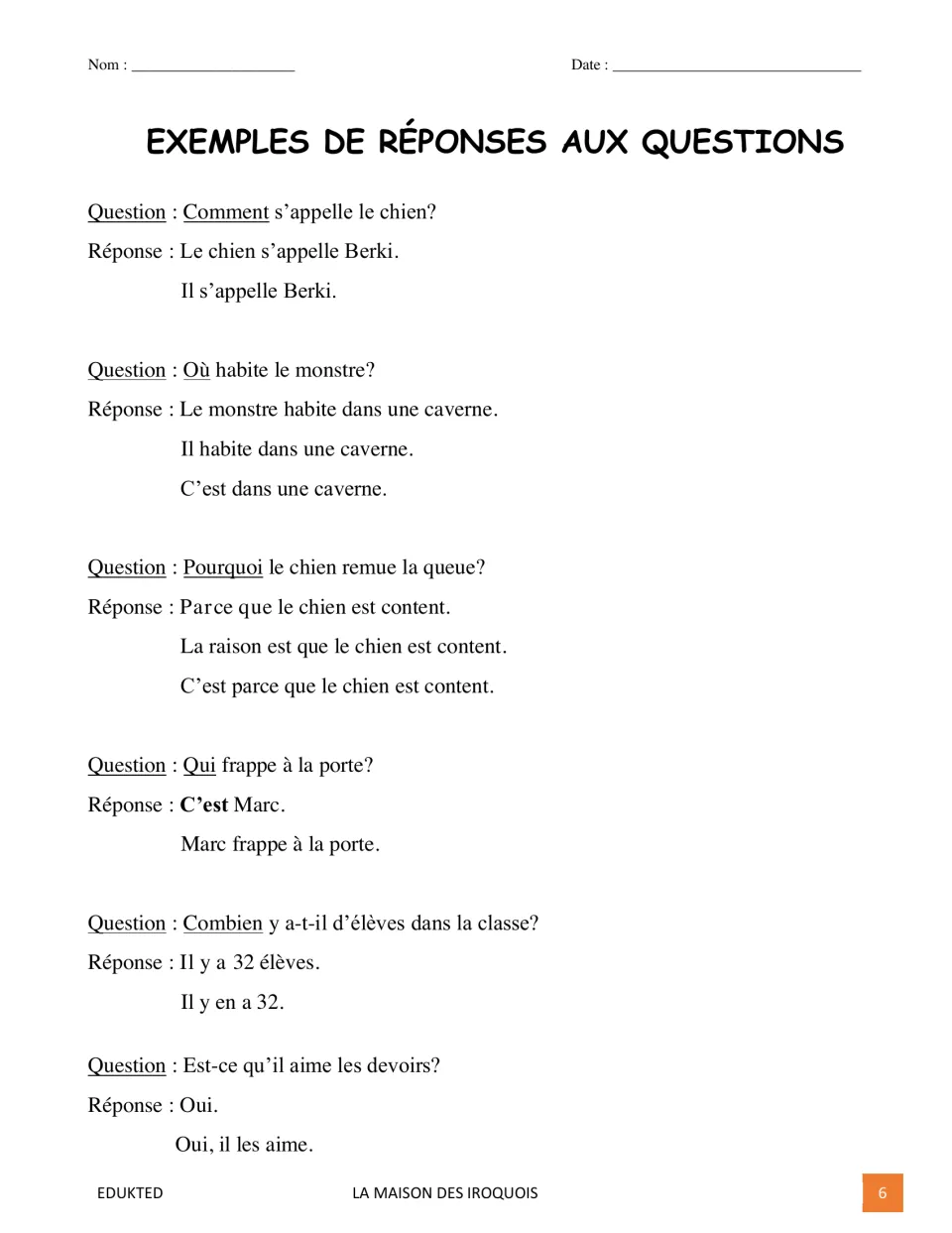 French response guide models answers to six questions about a dog, a monster, Marc, students, and homework