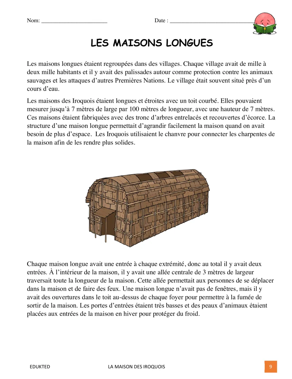 First French passage page describes longhouse villages, construction, entrances, and roof smoke openings