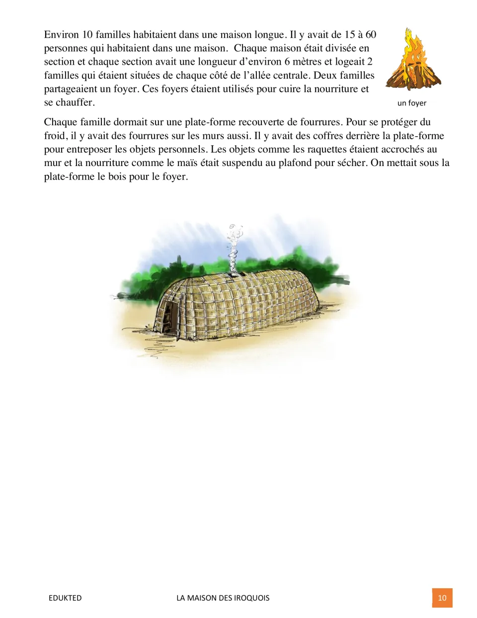 Second French passage page explains families sharing hearths, sleeping on platforms, and storing food