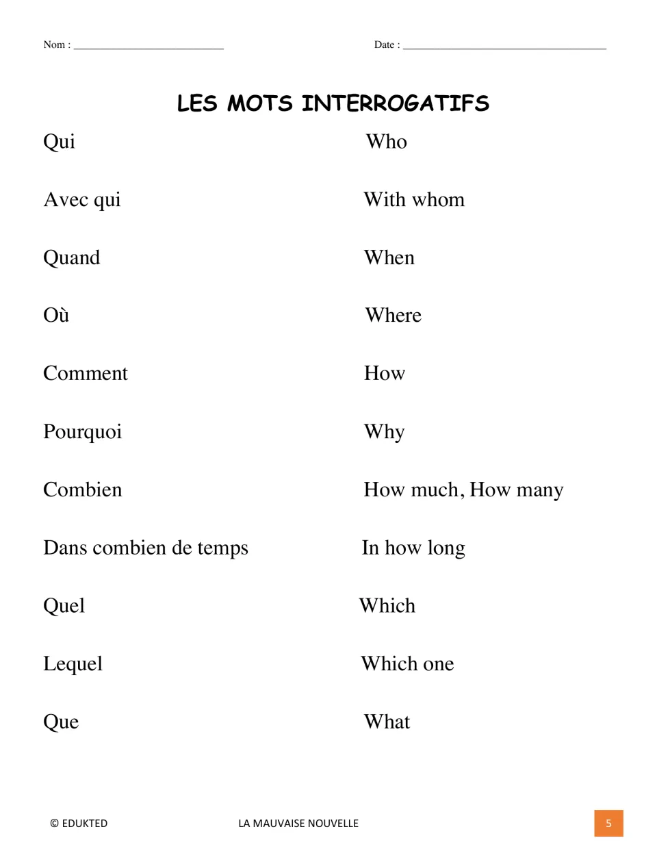 French question-word reference lists qui (who), quand (when), où (where), pourquoi (why), and seven more