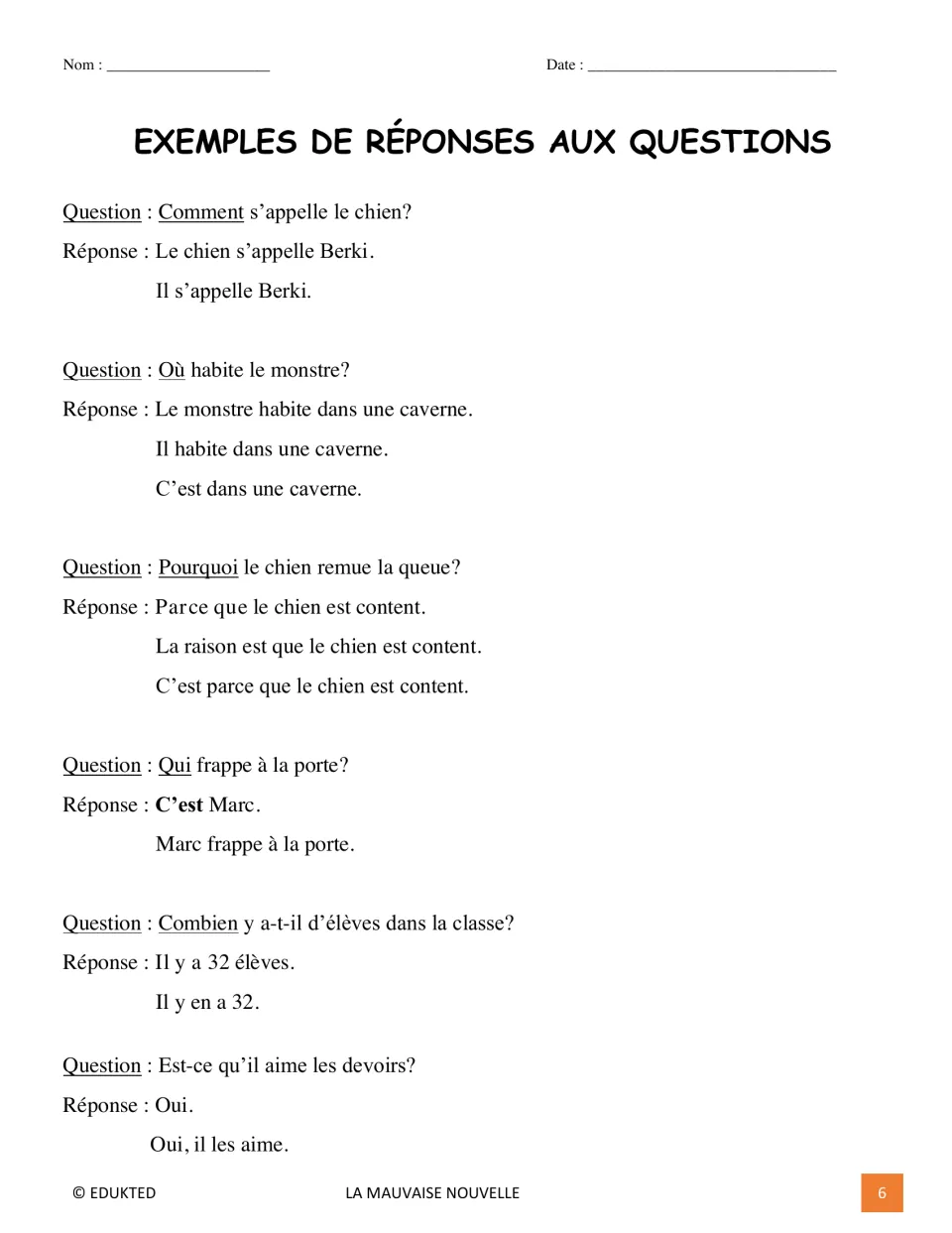 French response guide models answers to six questions about a dog, a monster, a visitor, students, and homework