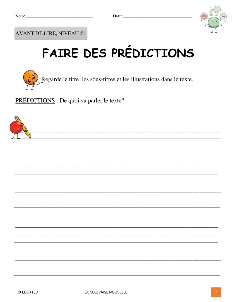 Level 1 prereading task asks students to predict the text's topic using its title, subtitles, and illustrations