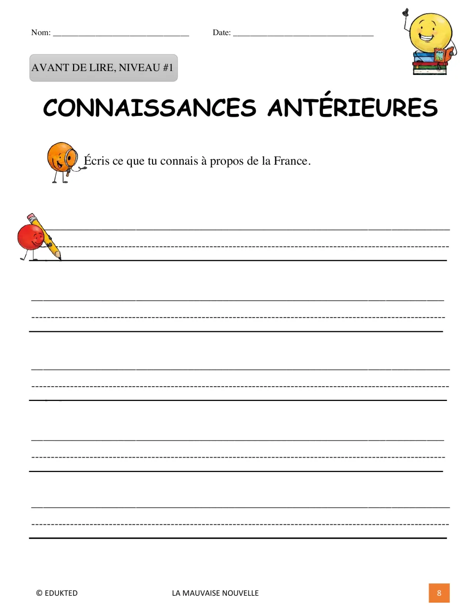Level 1 prereading activity, Connaissances antérieures (Prior Knowledge), asks what students know about France