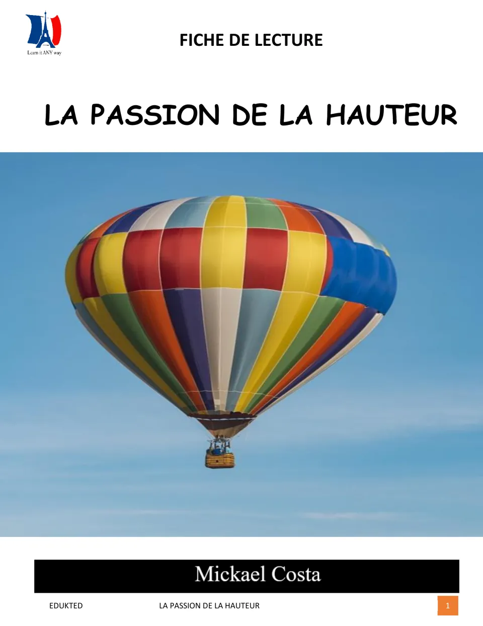 French reading packet cover: La passion de la hauteur by Mickael Costa, featuring a hot air balloon