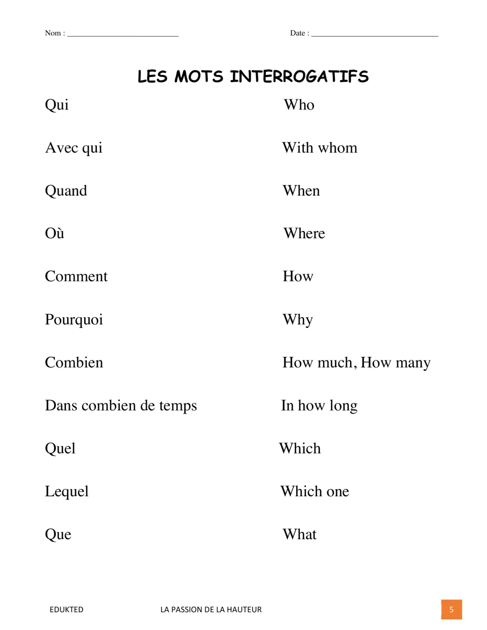 French question-word reference lists qui (who), quand (when), où (where), comment (how), and seven more