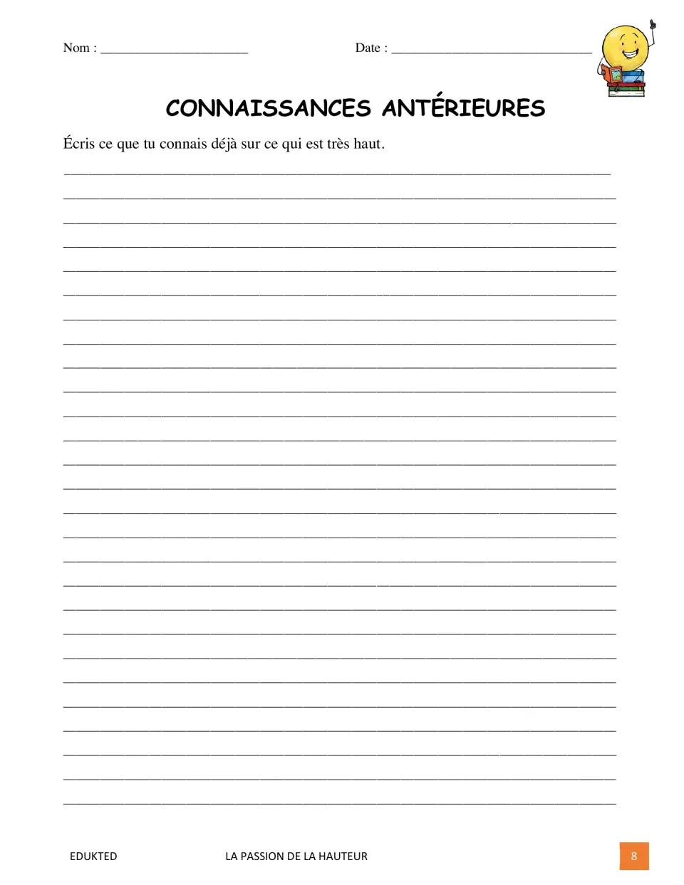 Prior-knowledge activity asks students to write what they already know about things that are very high