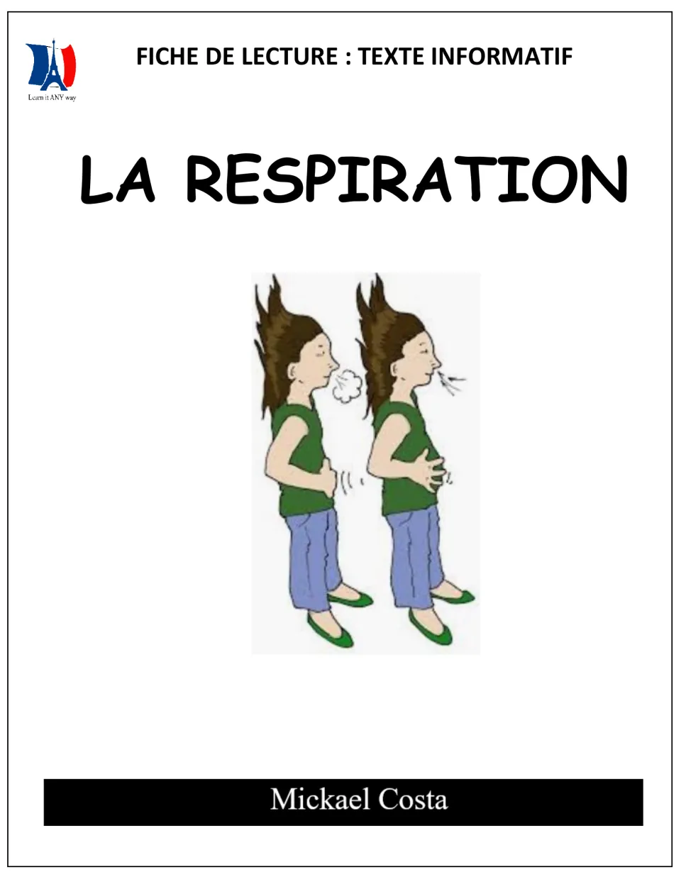 Cover of a French informational reading pack on breathing, showing La Respiration title and a girl inhaling and exhaling