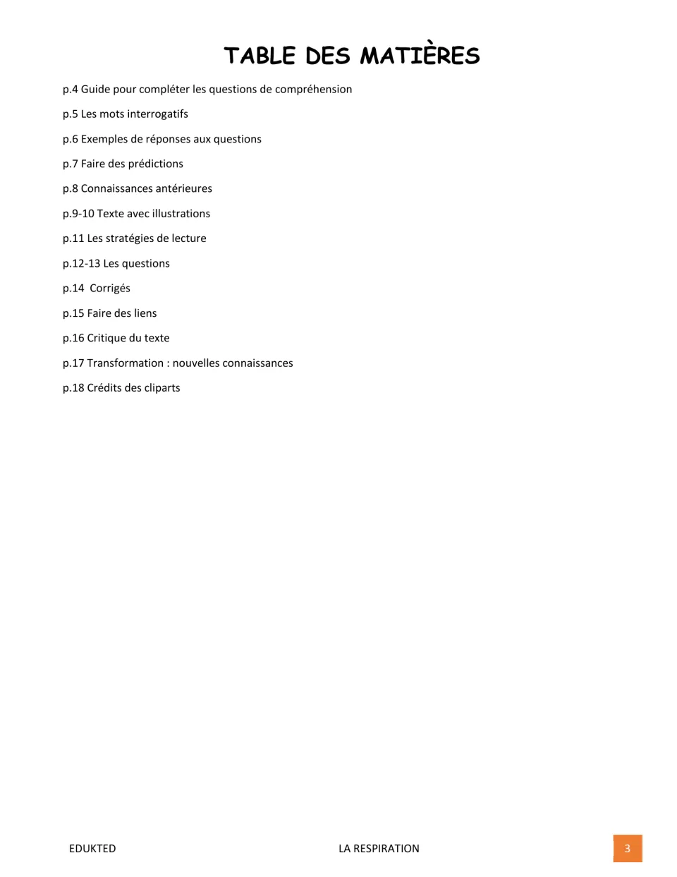 Table of contents listing the guide, question words, predictions, prior knowledge, text, questions, answers and credits