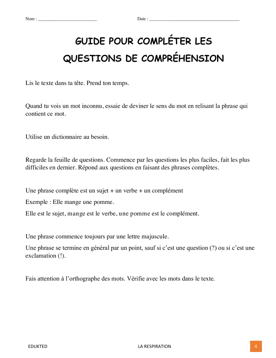 Guide to comprehension questions in French: read silently, guess unknown words, answer in complete sentences with capitals