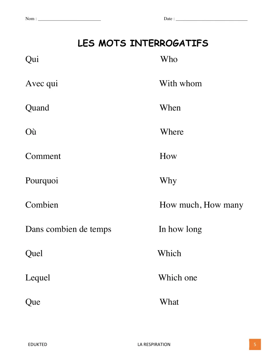 French question words with English meanings: qui, quand, où, comment, pourquoi, combien, quel, lequel and que