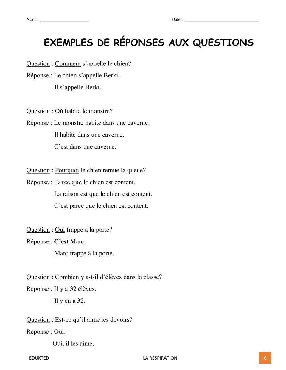 Model answers in French to sample questions, showing how to reply in full sentences, such as Le chien s'appelle Berki