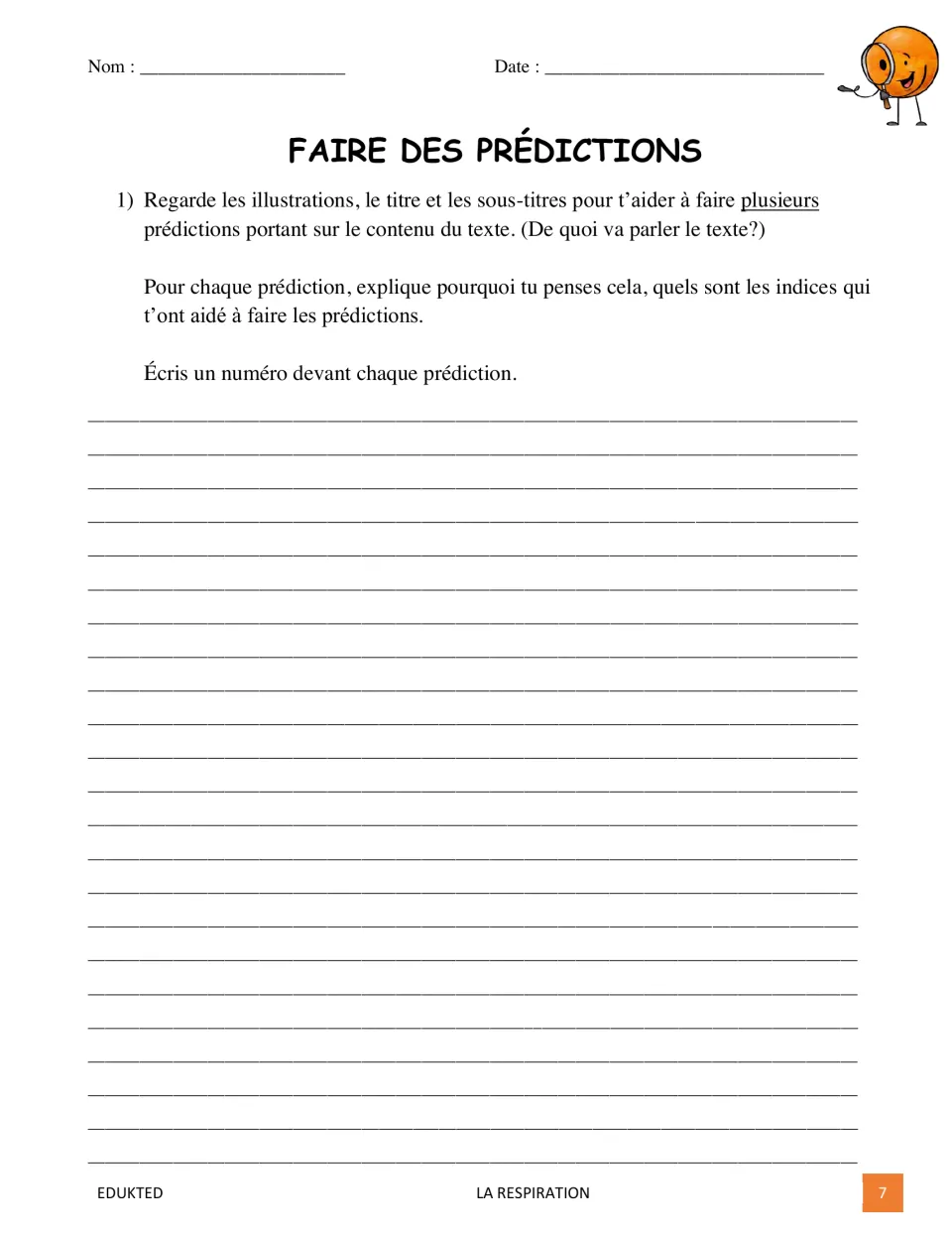 Making predictions: students use illustrations, title and subheadings to write numbered predictions and clues behind them