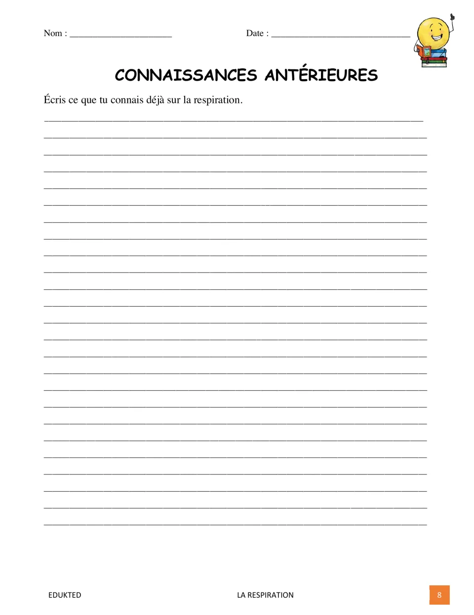 Prior knowledge page: students write in French everything they already know about breathing before reading the text
