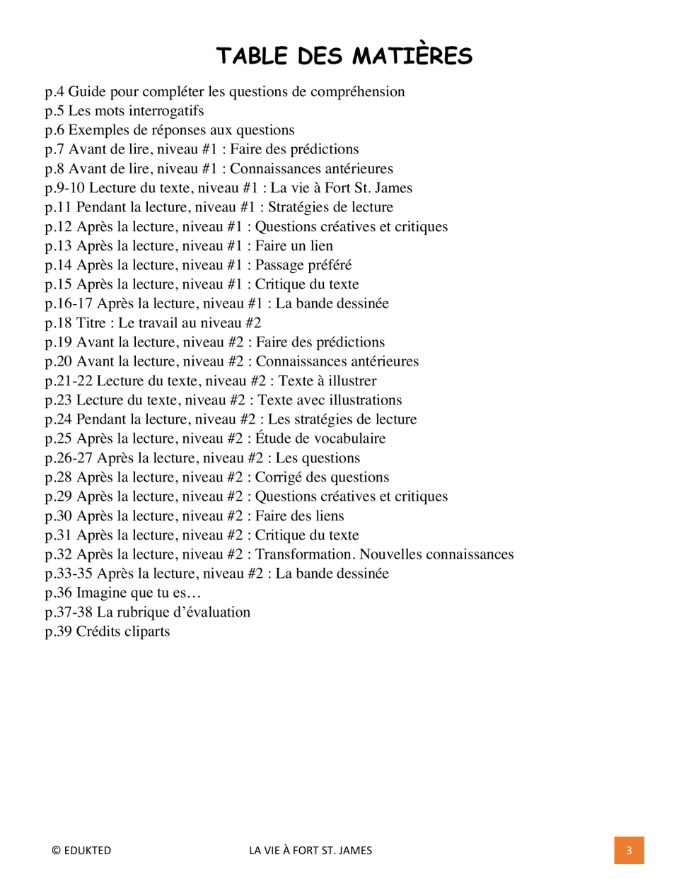 Reading packet contents list two levels of passages and activities, an answer key, rubrics, and credits