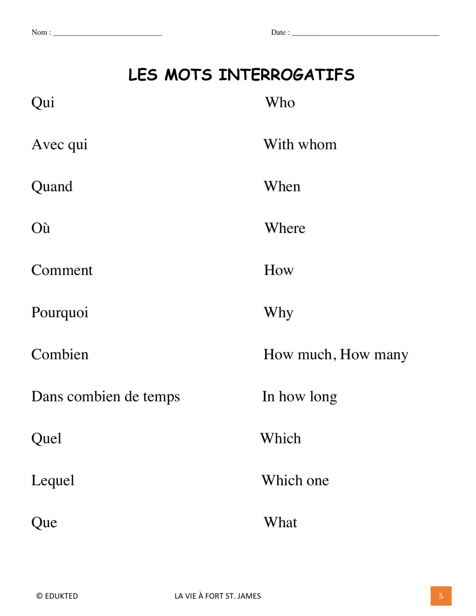 French question-word reference gives 11 English meanings, including qui (who), quand (when), and où (where)