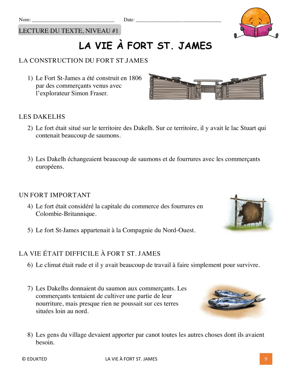 Level 1 French passage introduces the fort's 1806 construction, Dakelh trade, and difficult living conditions