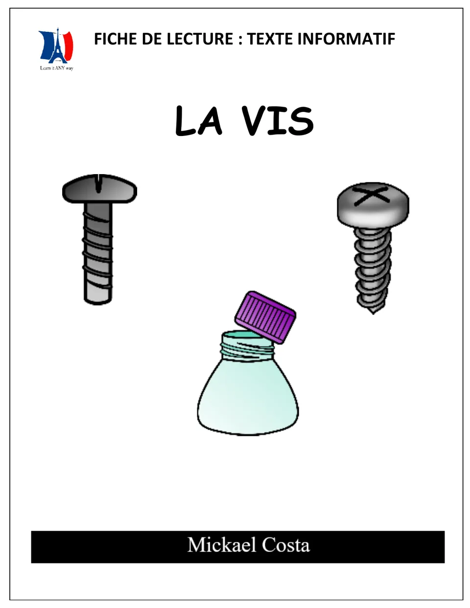 Cover of the French reading packet La vis (The Screw), showing two threaded fasteners and a bottle cap