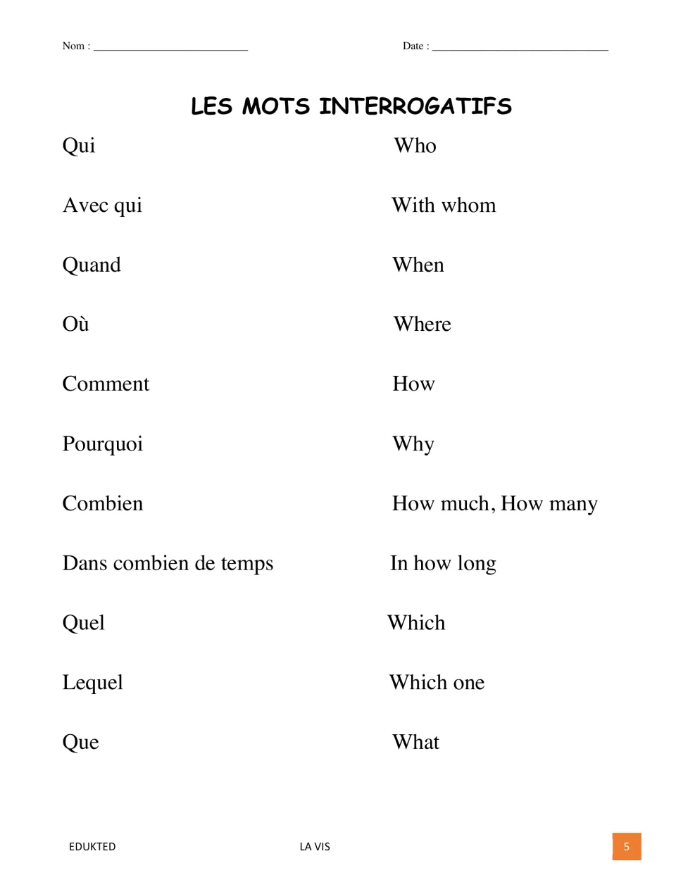 French question-word reference lists qui (who), quand (when), où (where), comment (how), and seven more