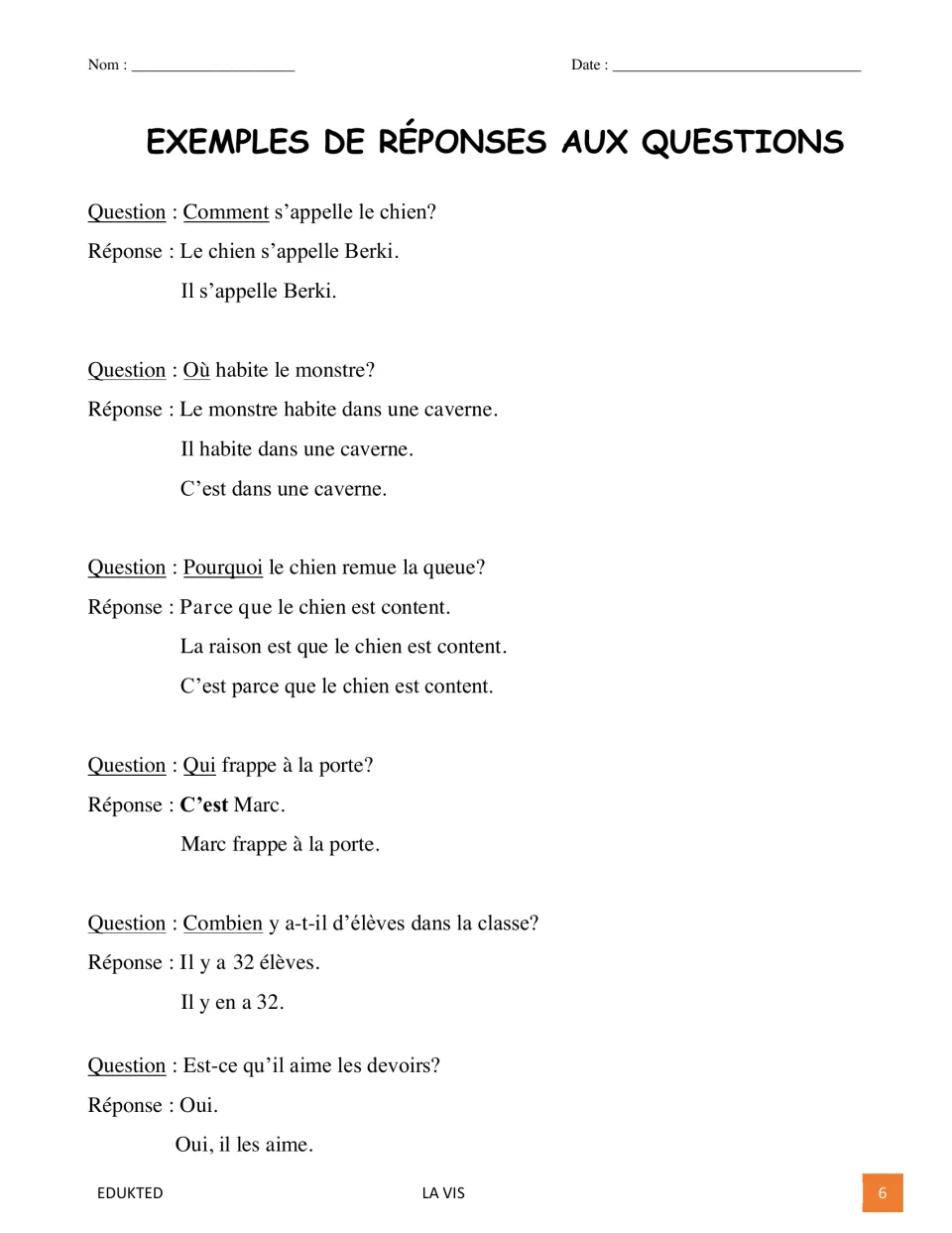 French response guide models answers to six questions about a dog, a monster, Marc, students, and homework
