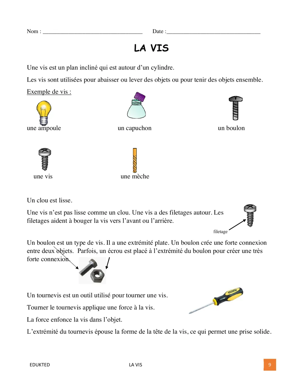 Illustrated French passage explains screws, threads, bolts, nuts, and how a screwdriver applies force