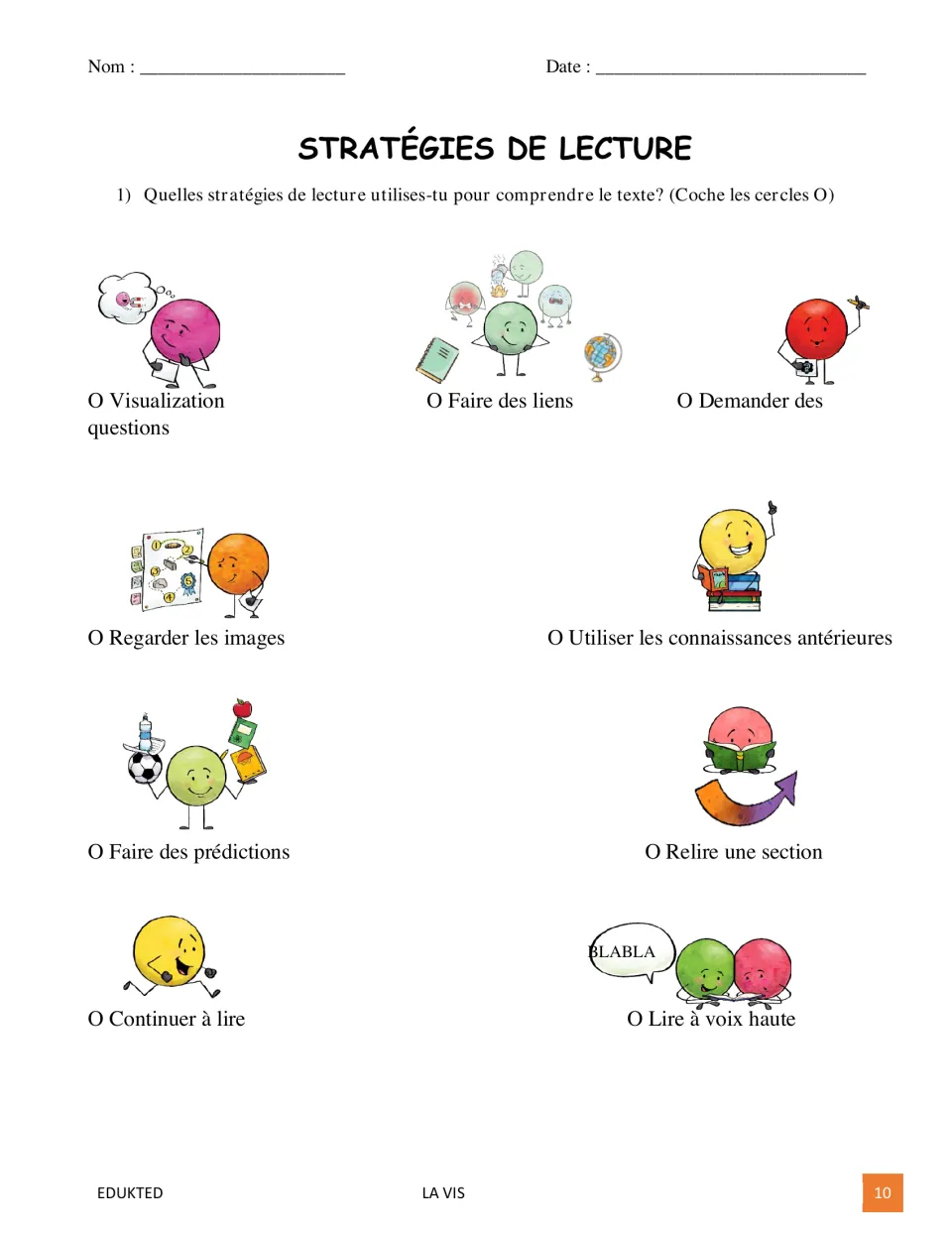 French reading strategy checklist asks students to mark methods used, including predicting and rereading