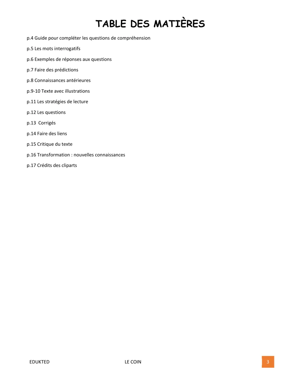 Contents of the French reading packet, listing preparation guides, illustrated text, questions, and reflections