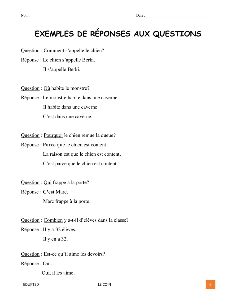 French response guide modeling answers to six questions about a dog, a monster, Marc, classmates, and homework